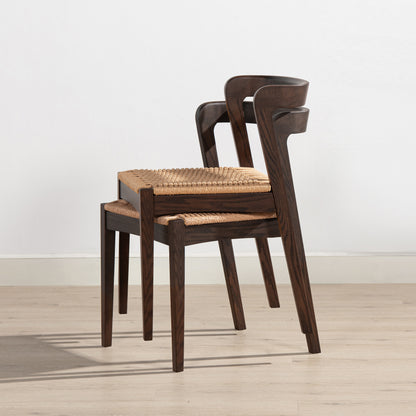 Dark Brown Wood Dining Chair - Woven Seat for Living Room