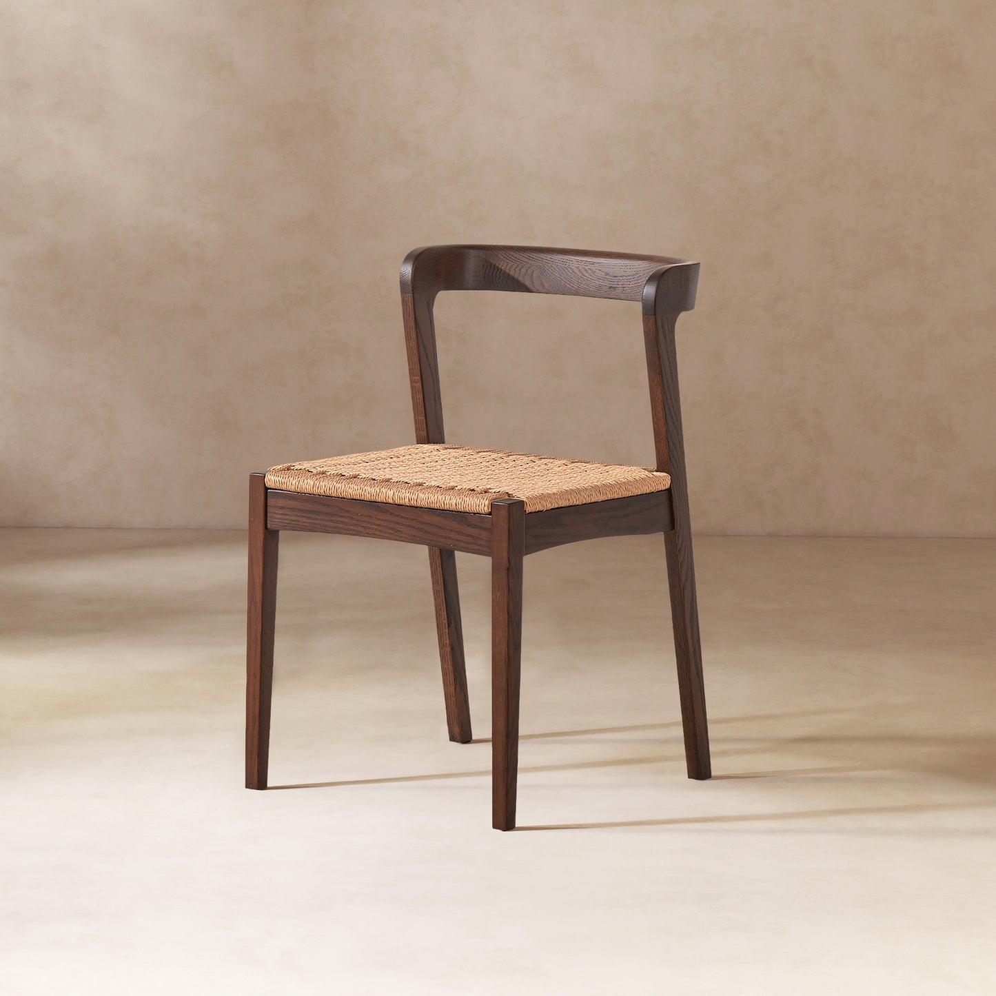 Dark Brown Wood Dining Chair - Woven Seat for Living Room