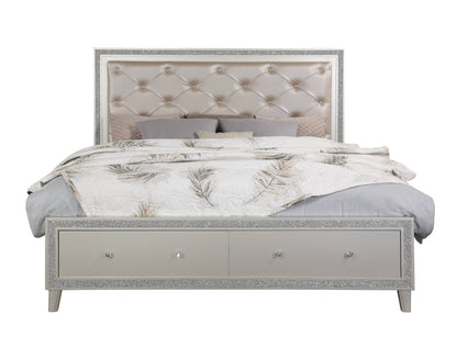 Sliverfluff Synthetic Leather & Champagne Finish EK Bed W/Led & Storage