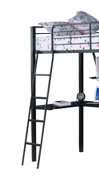 Black and Silver Metal Loft Bed with Reversible Desk for Bedroom