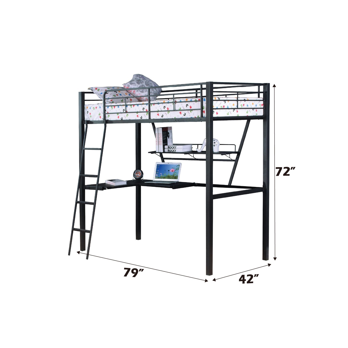 Black and Silver Metal Loft Bed with Reversible Desk for Bedroom