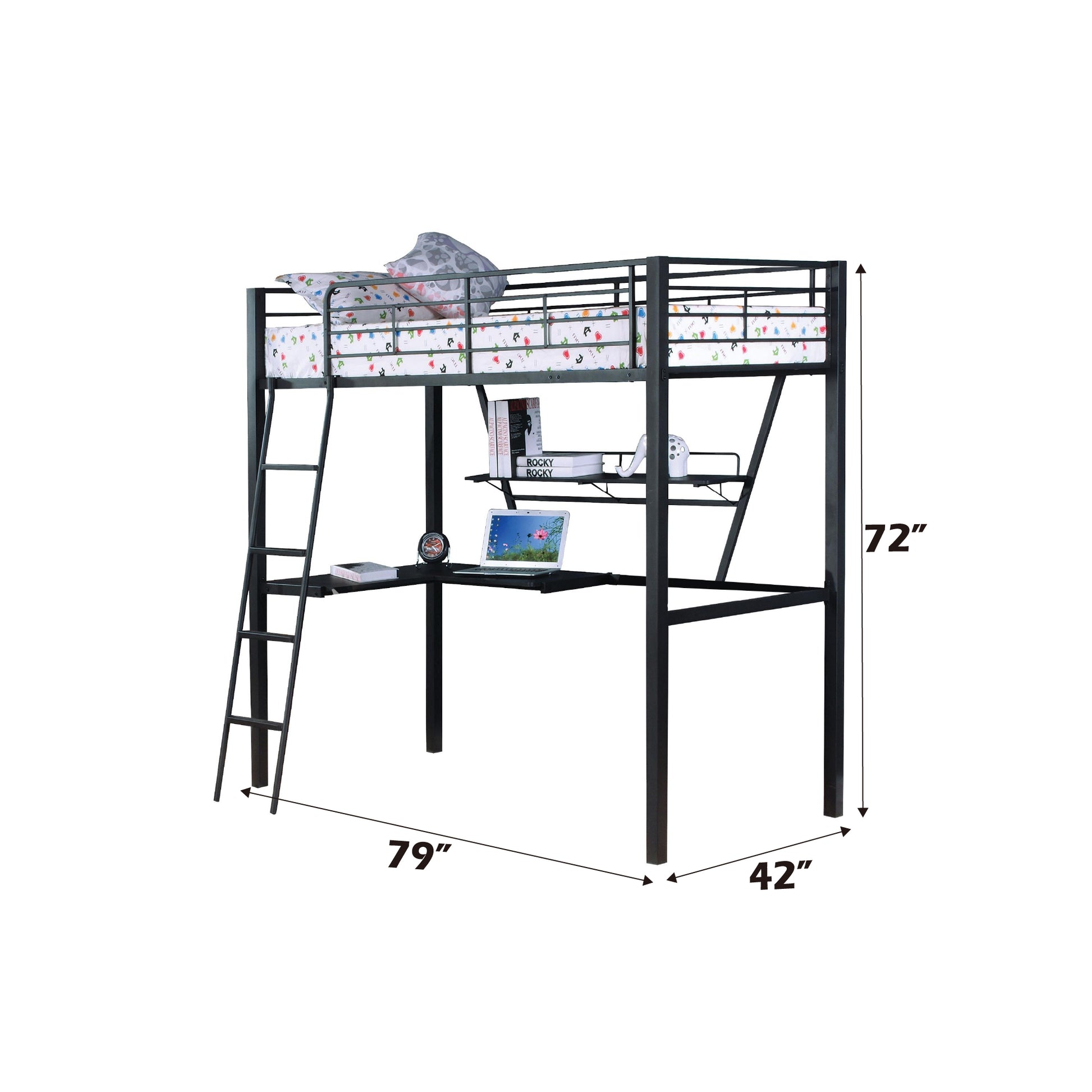 Black and Silver Metal Loft Bed with Reversible Desk for Bedroom