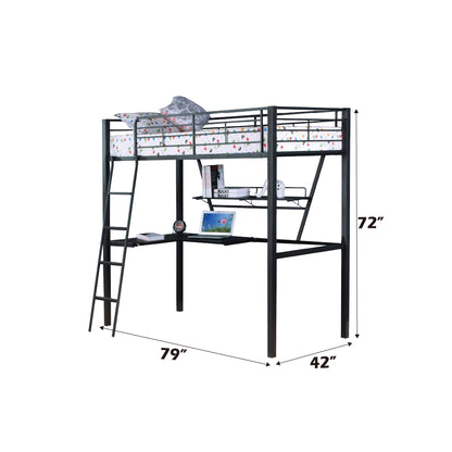Black and Silver Metal Loft Bed with Reversible Desk for Bedroom