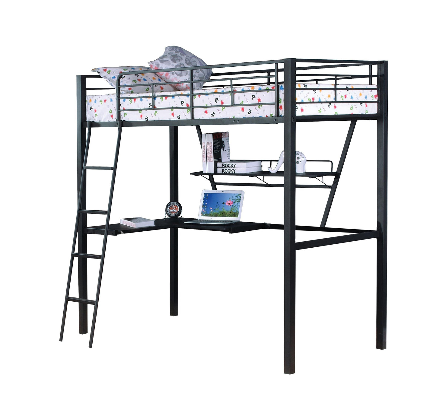 Black and Silver Metal Loft Bed with Reversible Desk for Bedroom