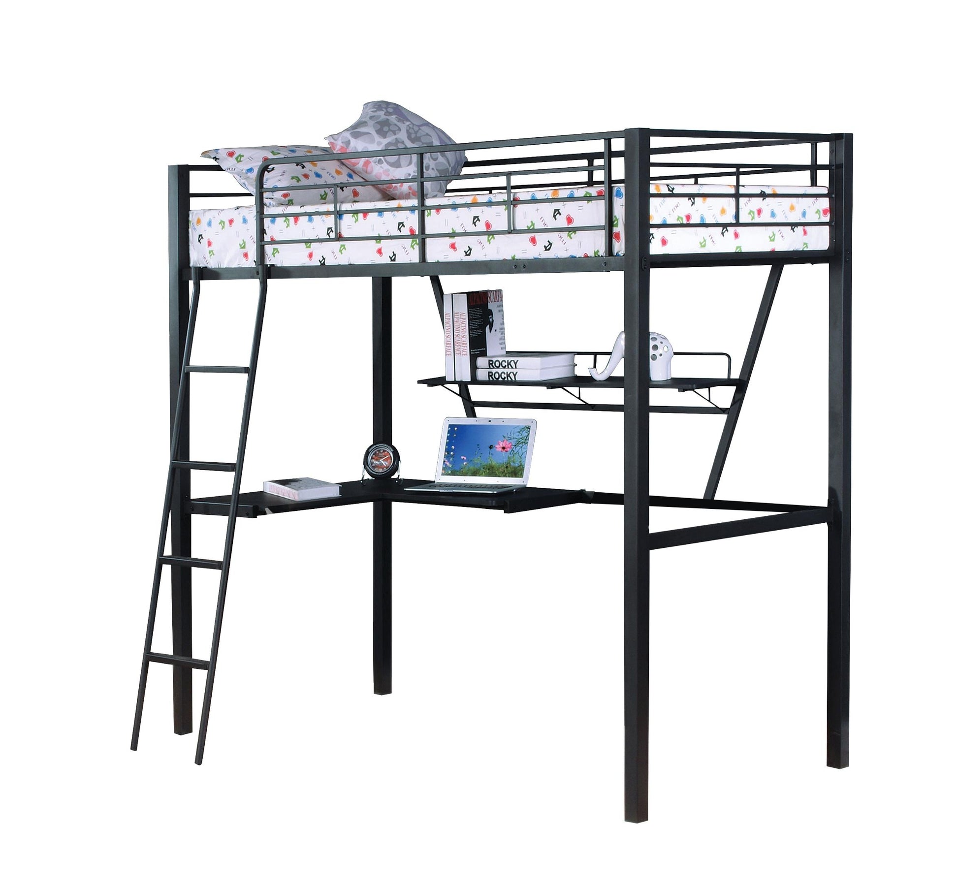 Black and Silver Metal Loft Bed with Reversible Desk for Bedroom
