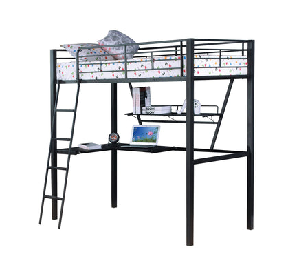 Black and Silver Metal Loft Bed with Reversible Desk for Bedroom