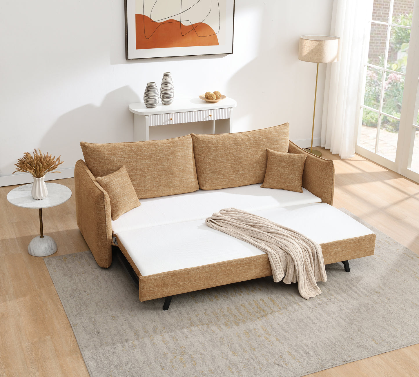 Cadie Mocha Chenille Sofa w/2 Pillows (Can turn into a sofa bed)