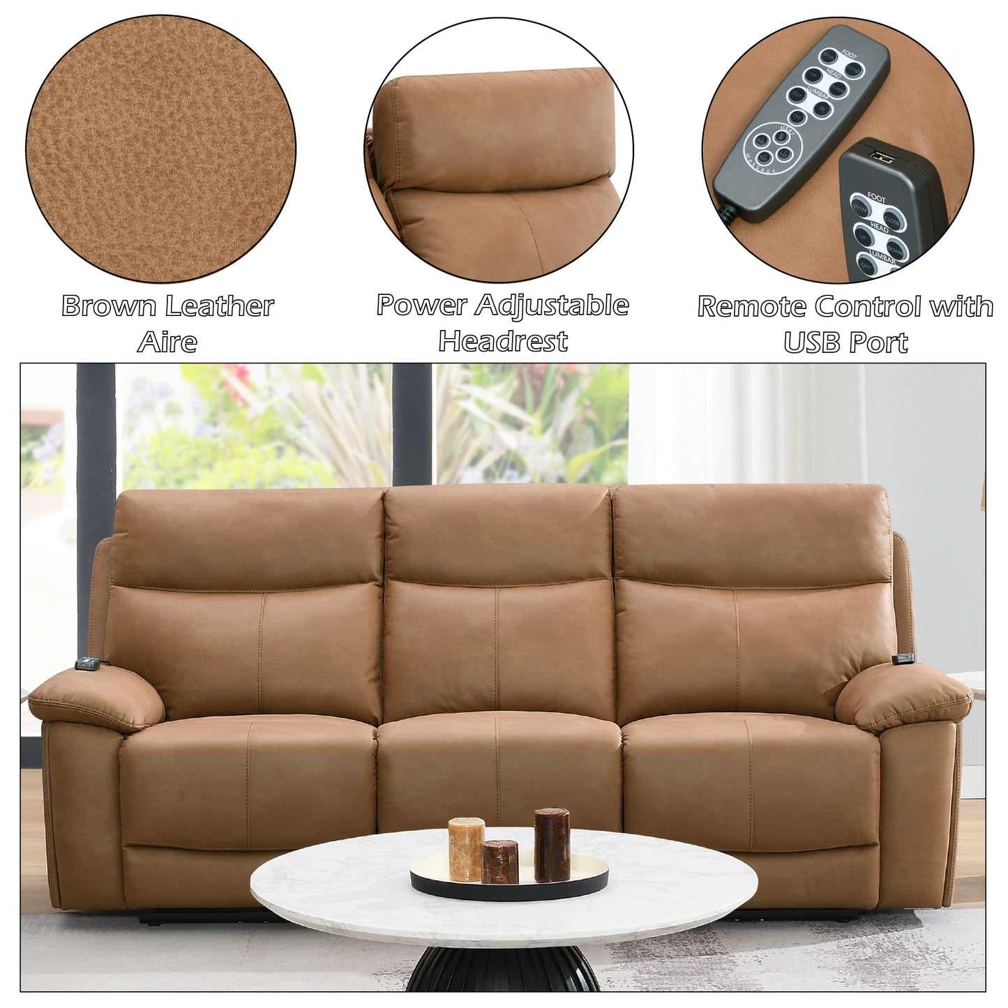 Chavis Brown Leather Sofa - Power Motion & USB Ports