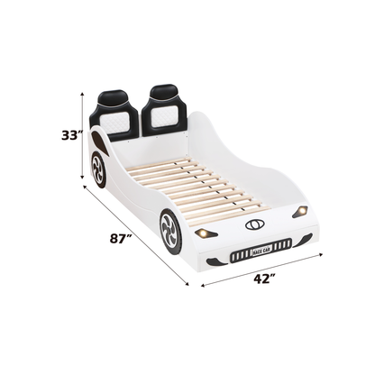 White Twin Car Bed with LED Lights - Fun Kids Bed for Bedroom