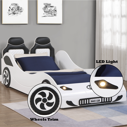 White Twin Car Bed with LED Lights - Fun Kids Bed for Bedroom