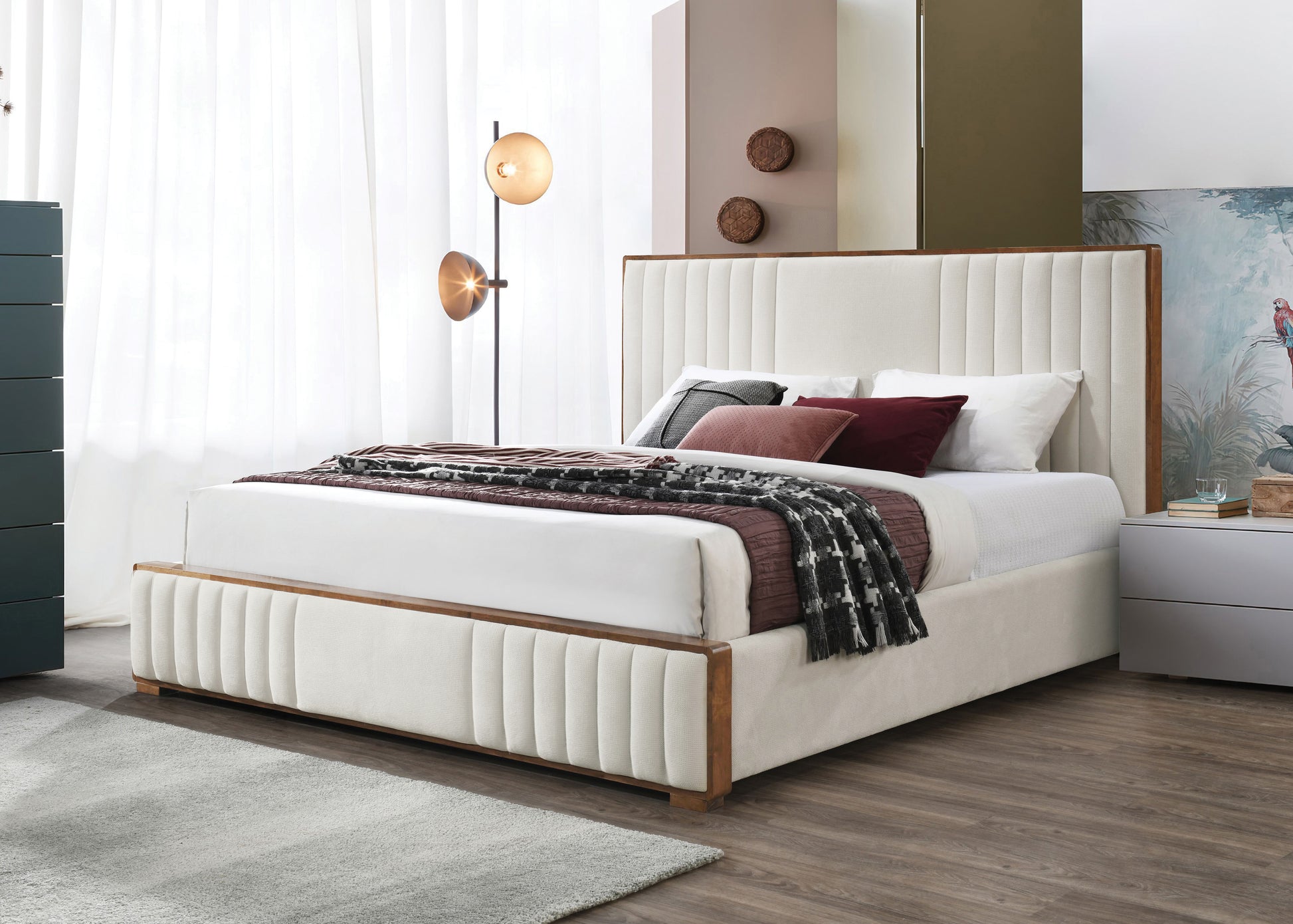 Queen Beige Chenille Bed Frame Walnut Finish