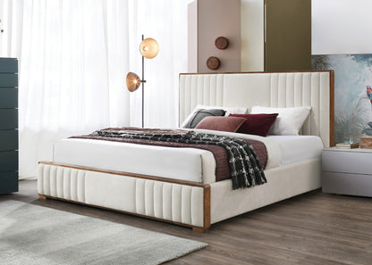 Queen Beige Chenille Bed Frame Walnut Finish