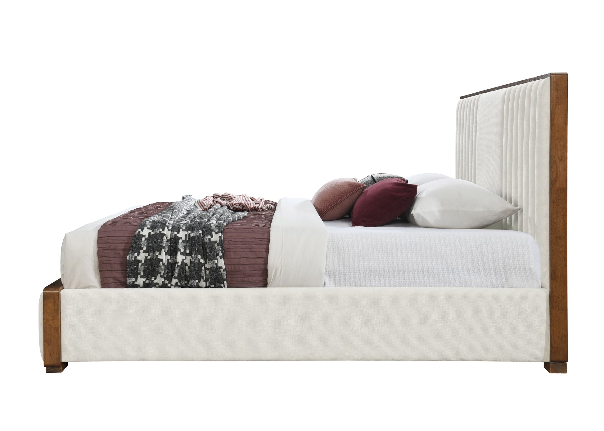 Queen Beige Chenille Bed Frame Walnut Finish