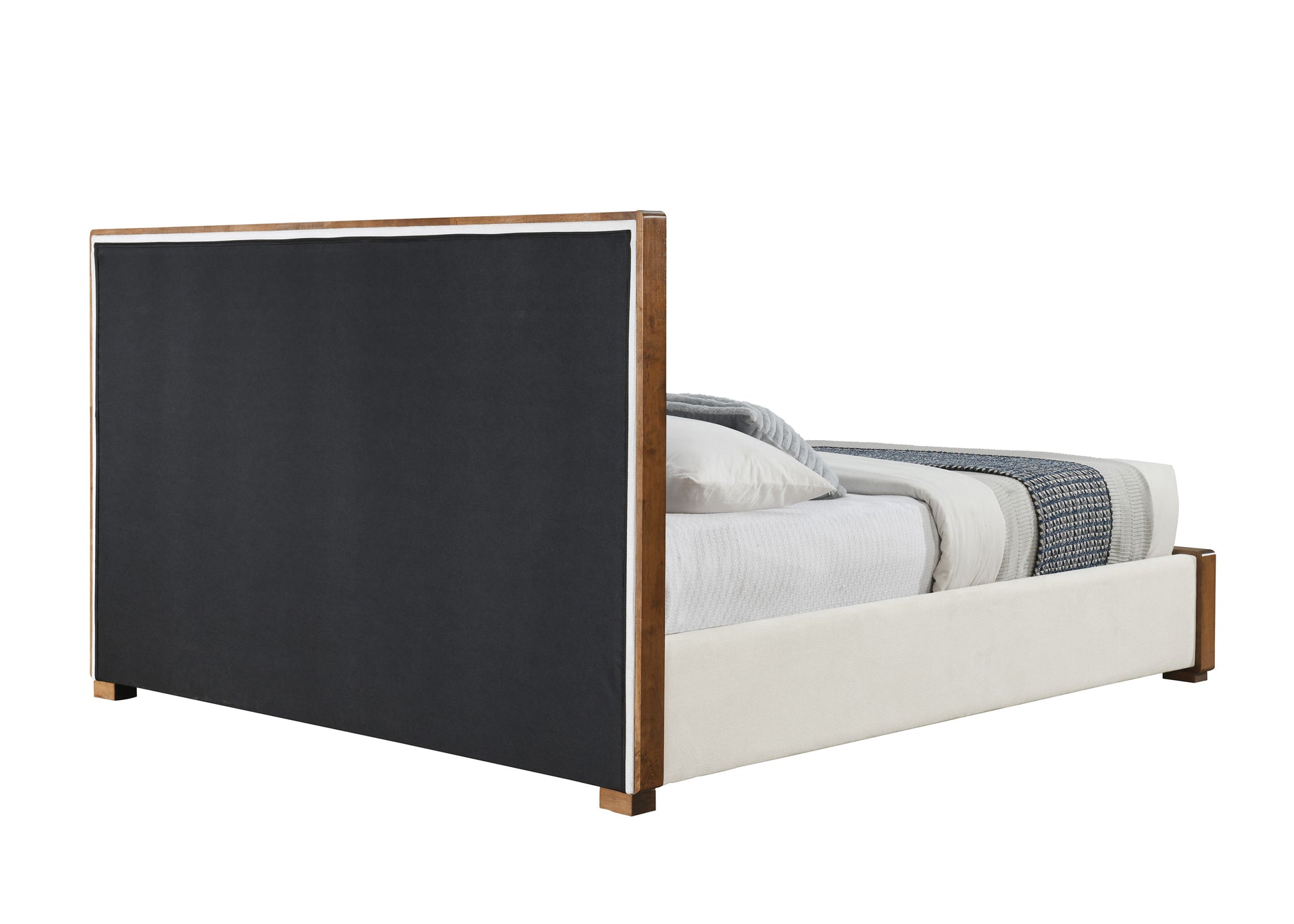 Queen Beige Chenille Bed Frame Walnut Finish