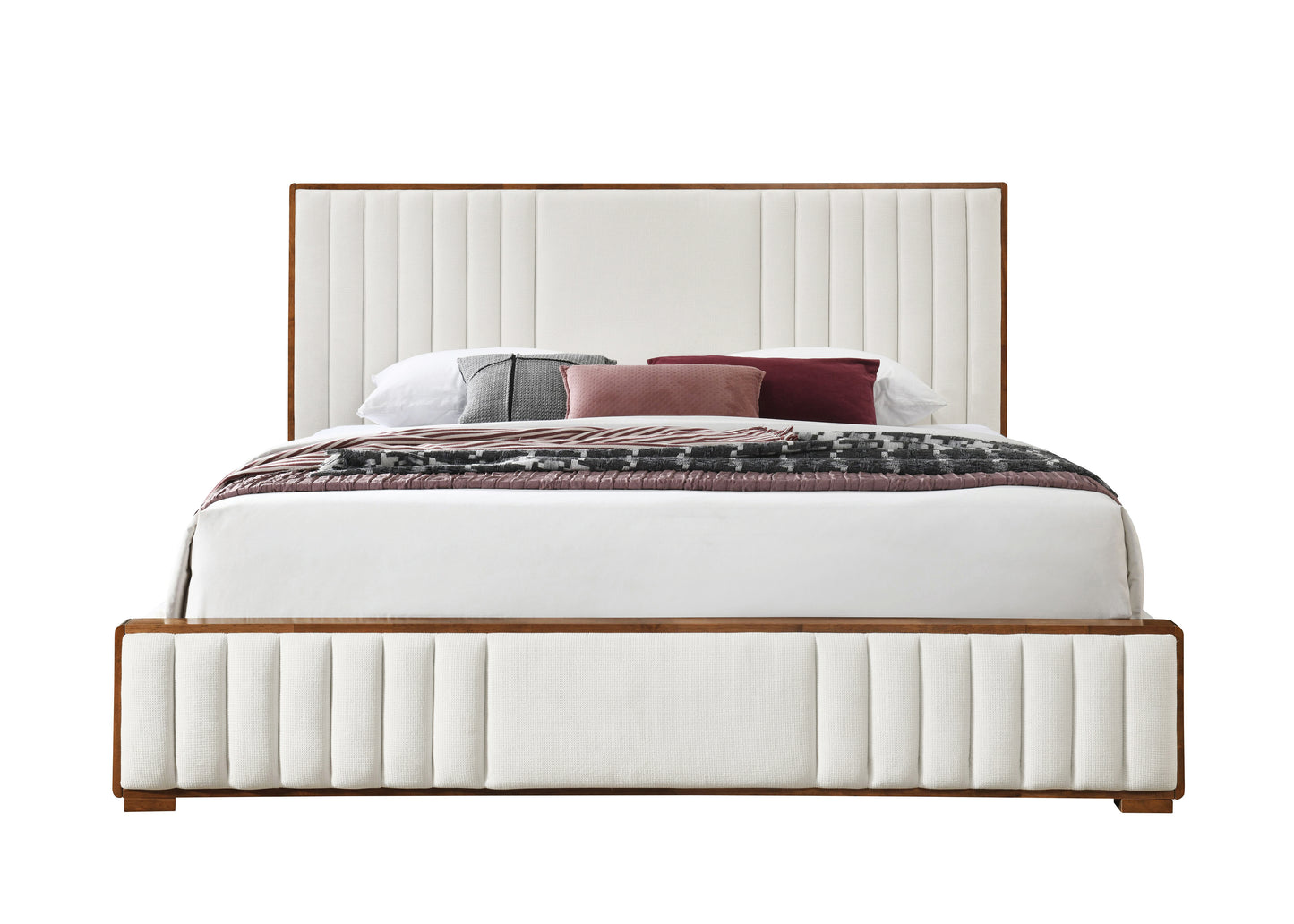 Queen Beige Chenille Bed Frame Walnut Finish