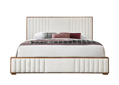 Queen Beige Chenille Bed Frame Walnut Finish
