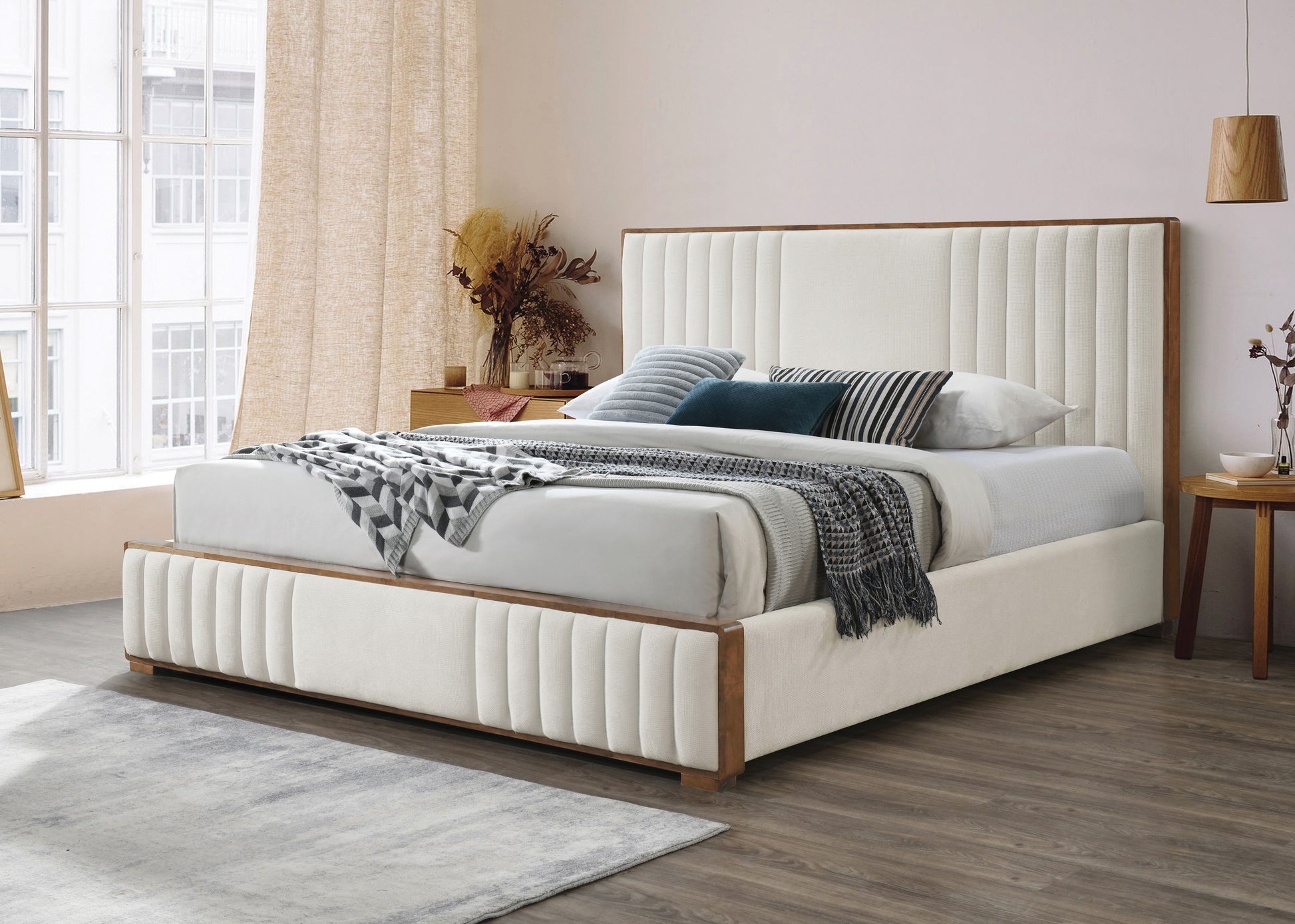 Queen Beige Chenille Bed Frame Walnut Finish
