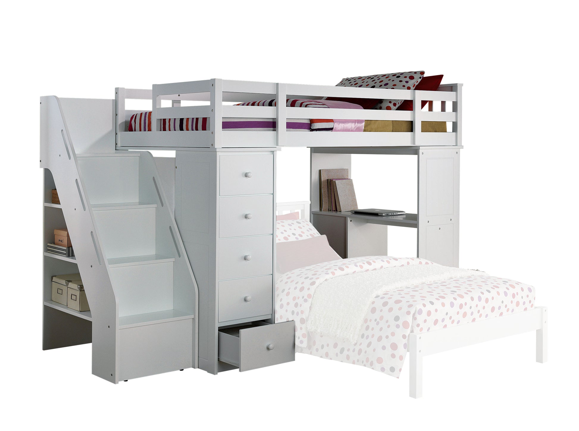 Freya White Finish Twin Loft Bed W/Storage (not including the bottom twin bed)
