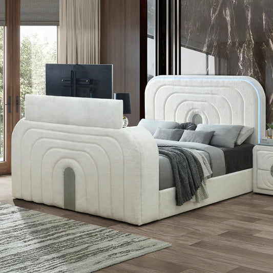 Shelyn White Teddy Sherpa & Chrome EK Bed w/LED, TV Cabinet, Fireplace & Bluetooth