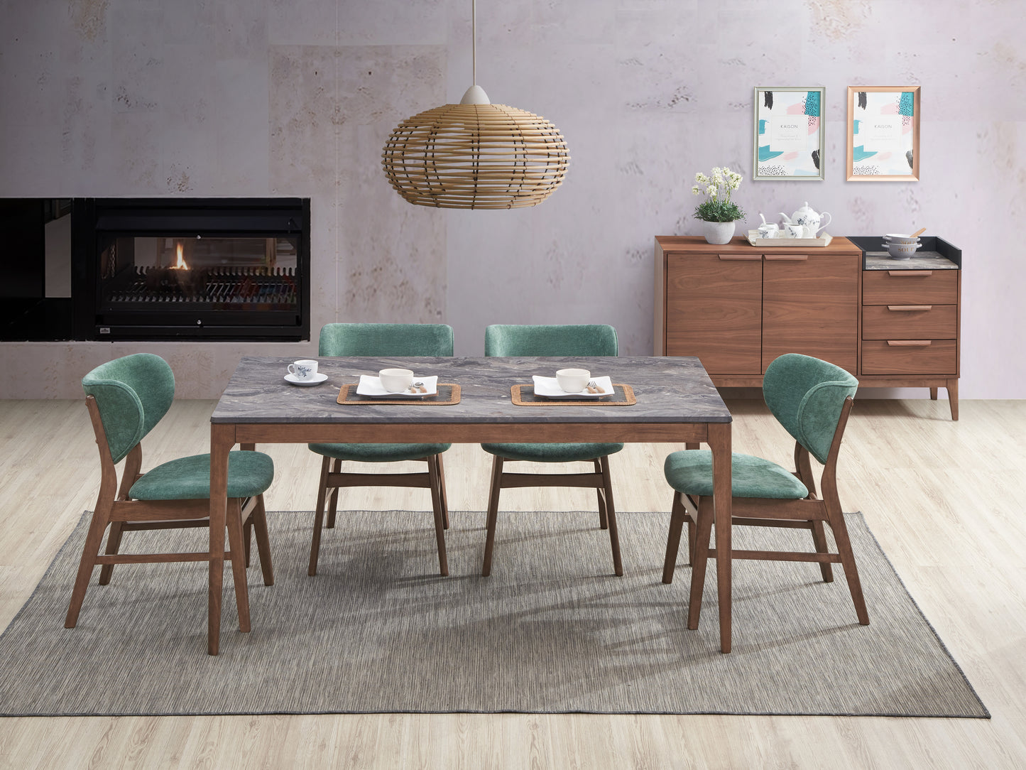 Green Walnut 5 Piece Dining Set with Engineered Stone Tabletop