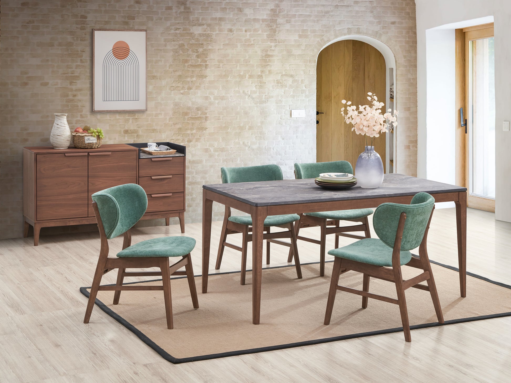Bevis 5-Piece Walnut Finish Dining Set with Faux Marble Tabletop and Green Upholstered Chairs