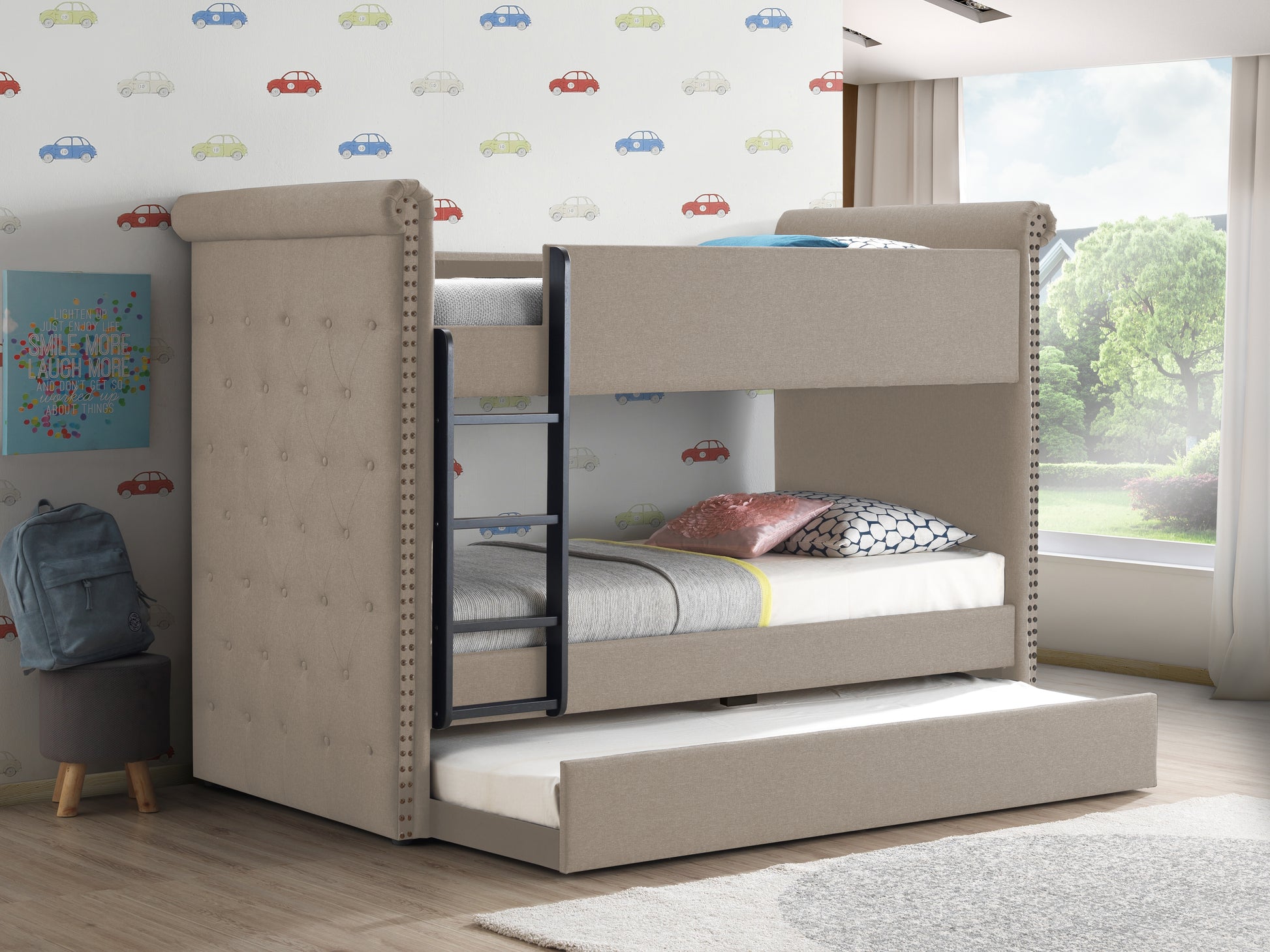 Twin/Twin Bunk Bed Beige Fabric Frame Trundle Bed