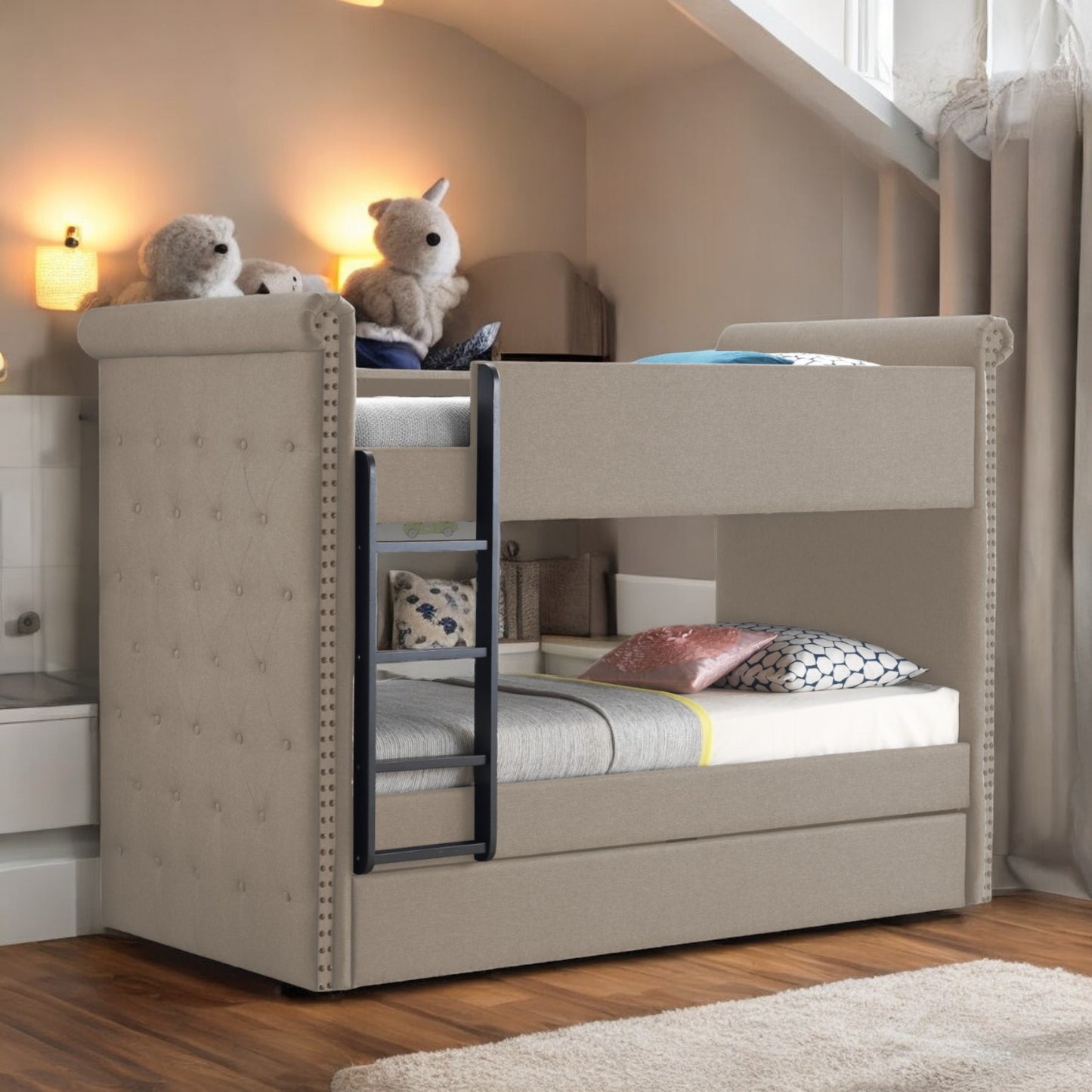 Twin/Twin Bunk Bed Beige Fabric Frame Trundle Bed