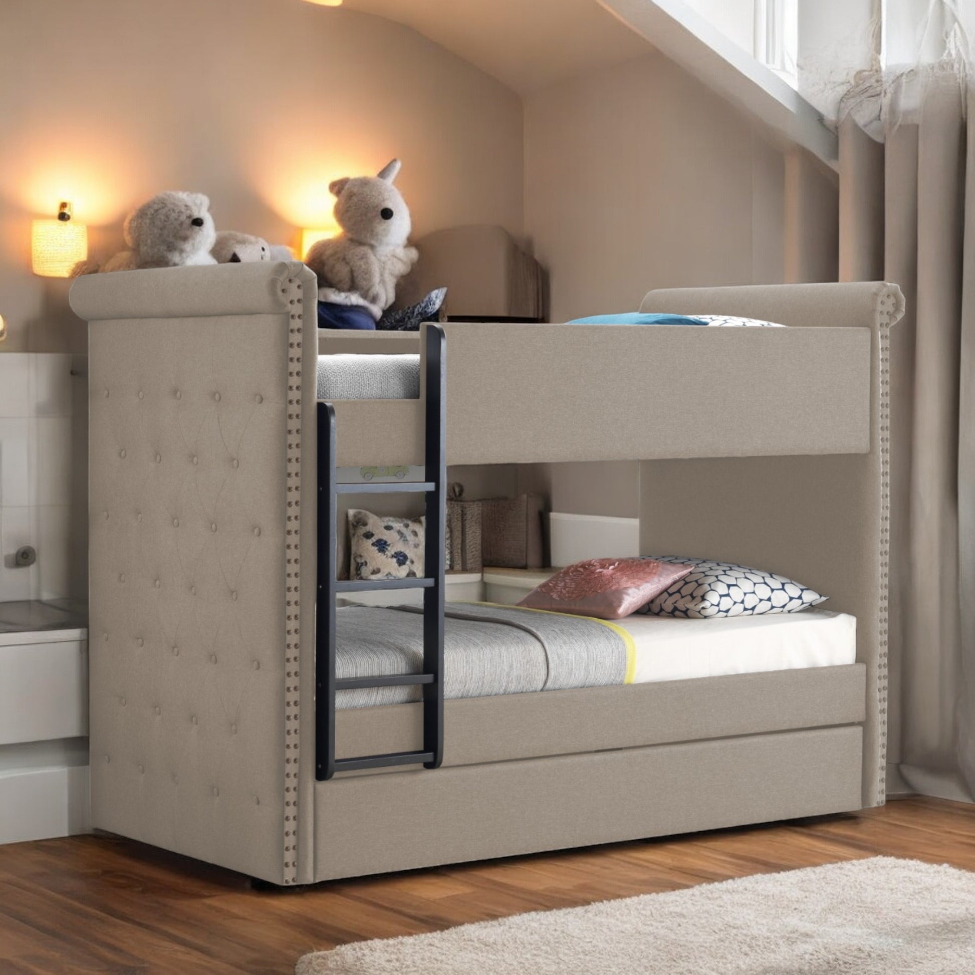 Twin/Twin Bunk Bed Beige Fabric Frame Trundle Bed