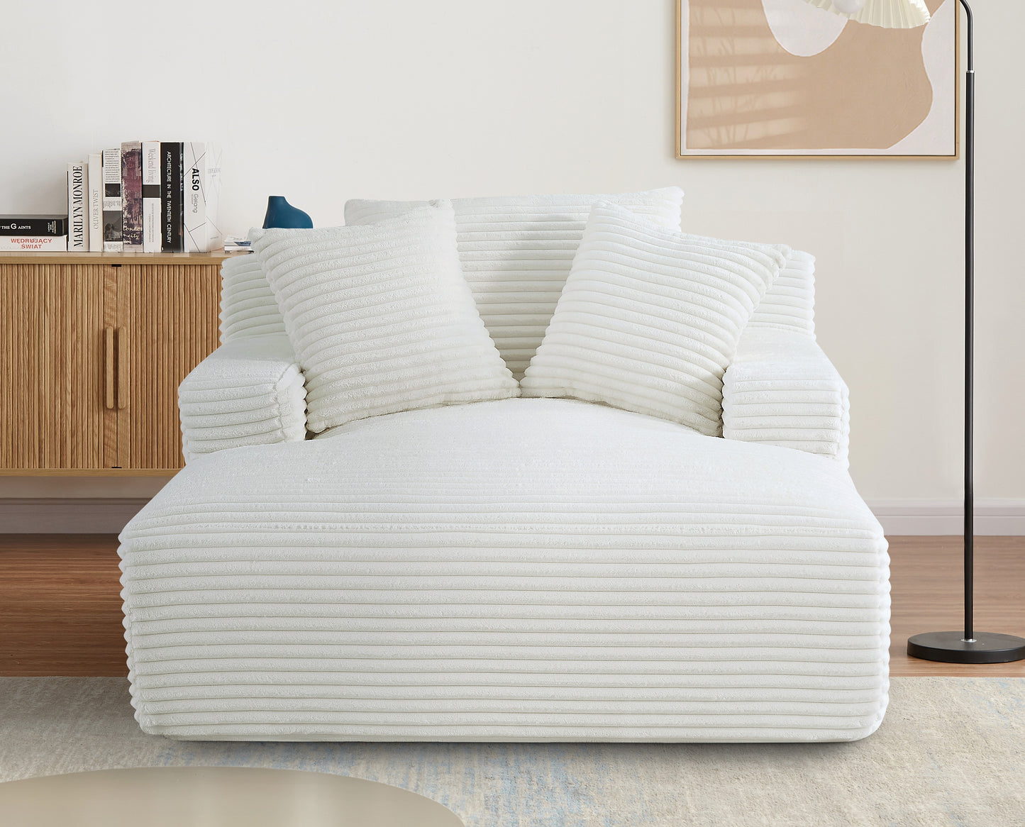 Living Room Ivory Corduroy Oversized Chaise Lounge Chair - Soft Sleeper Sofa, 2 Seats