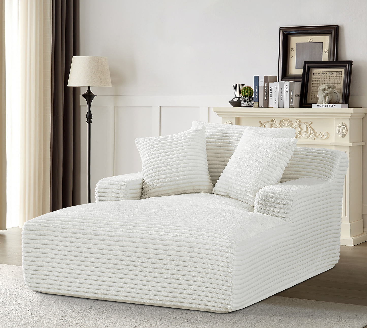Living Room Ivory Corduroy Oversized Chaise Lounge Chair - Soft Sleeper Sofa, 2 Seats