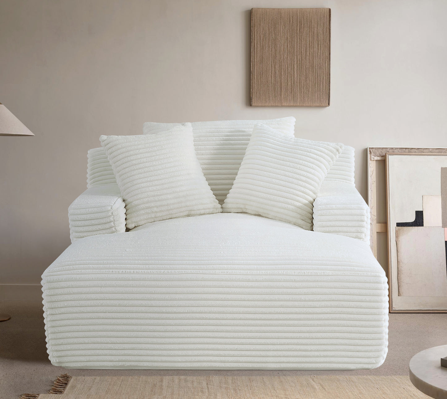 Living Room Ivory Corduroy Oversized Chaise Lounge Chair - Soft Sleeper Sofa, 2 Seats
