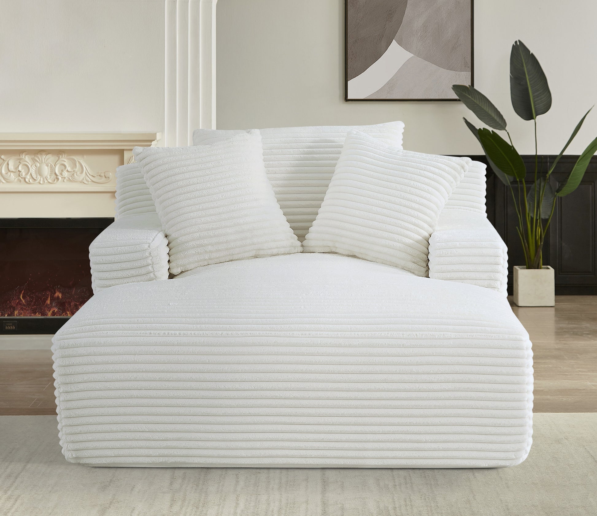 Living Room Ivory Corduroy Oversized Chaise Lounge Chair - Soft Sleeper Sofa, 2 Seats