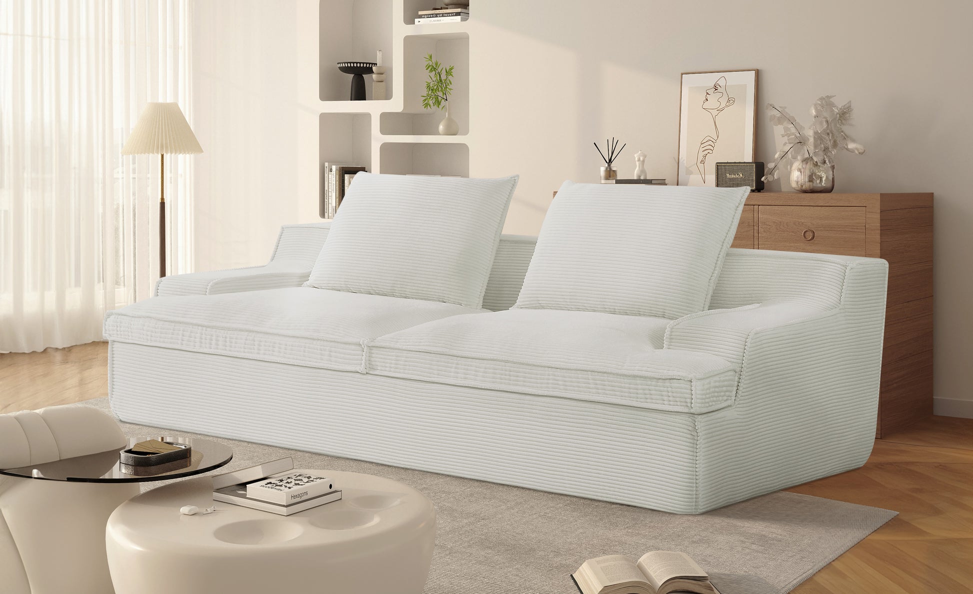 Large Ivory Corduroy 4 Seat Sofa - 90 Inch Wide