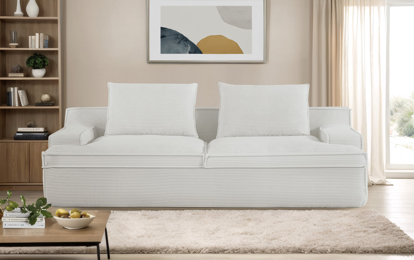 Large Ivory Corduroy 4 Seat Sofa - 90 Inch Wide