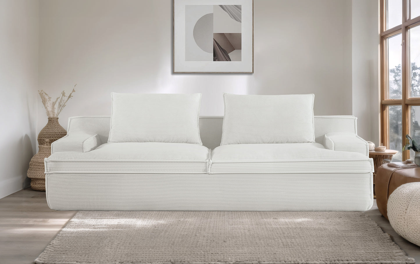 Large Ivory Corduroy 4 Seat Sofa - 90 Inch Wide
