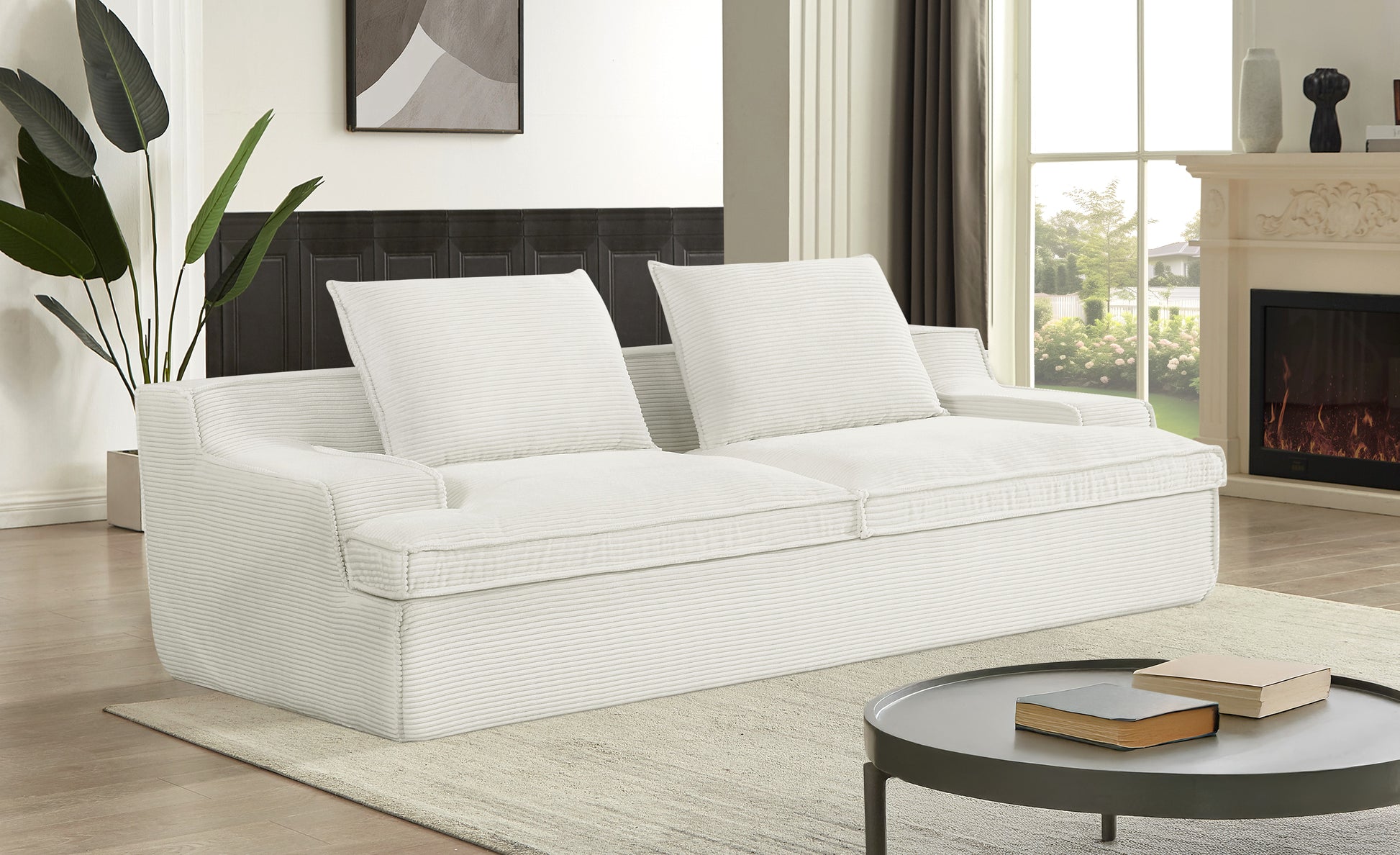 Nimbus Oversized Full Foam 4 Seater Couch for Living Room Upholstered in Soft Corduroy Fabric, Wide Armrests, Ergonomic Compressed Sofa in a Box, No Assembly, 90 Inch Wide, Ivory