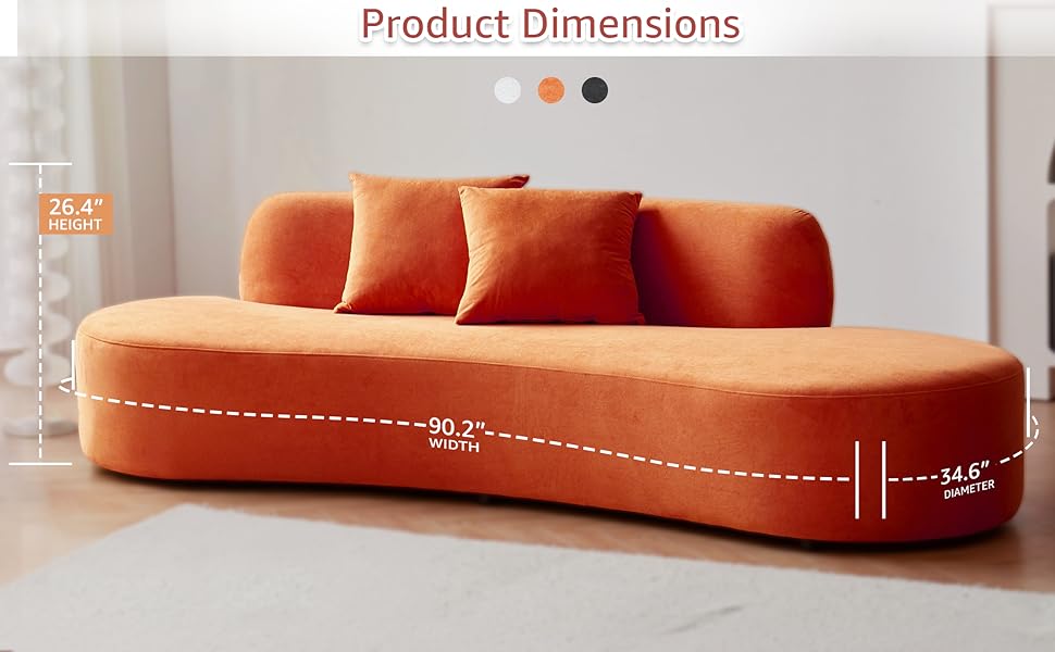 90" Orange Velvet Sofa - 4 Seat Curved Couch for Living Room