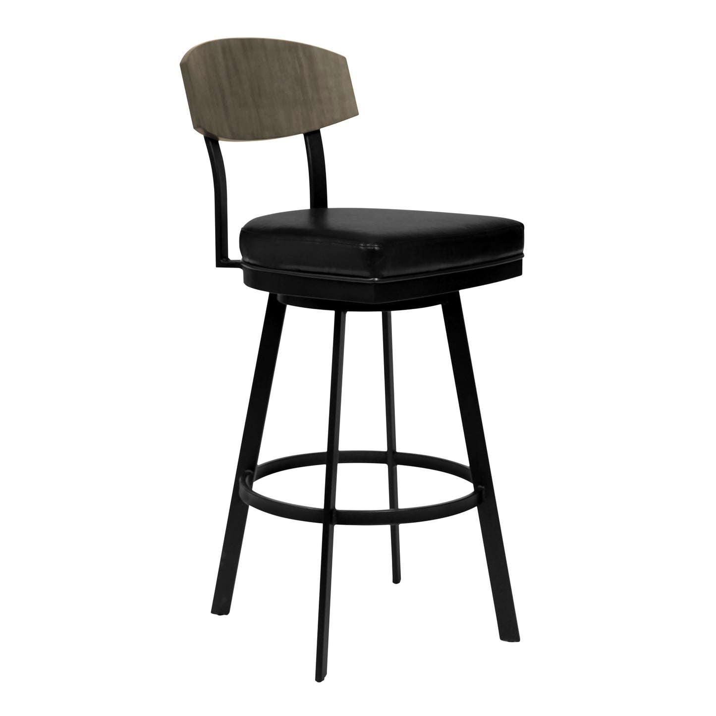 Mid-Century Black Faux Leather Barstool with Walnut Wood Finish