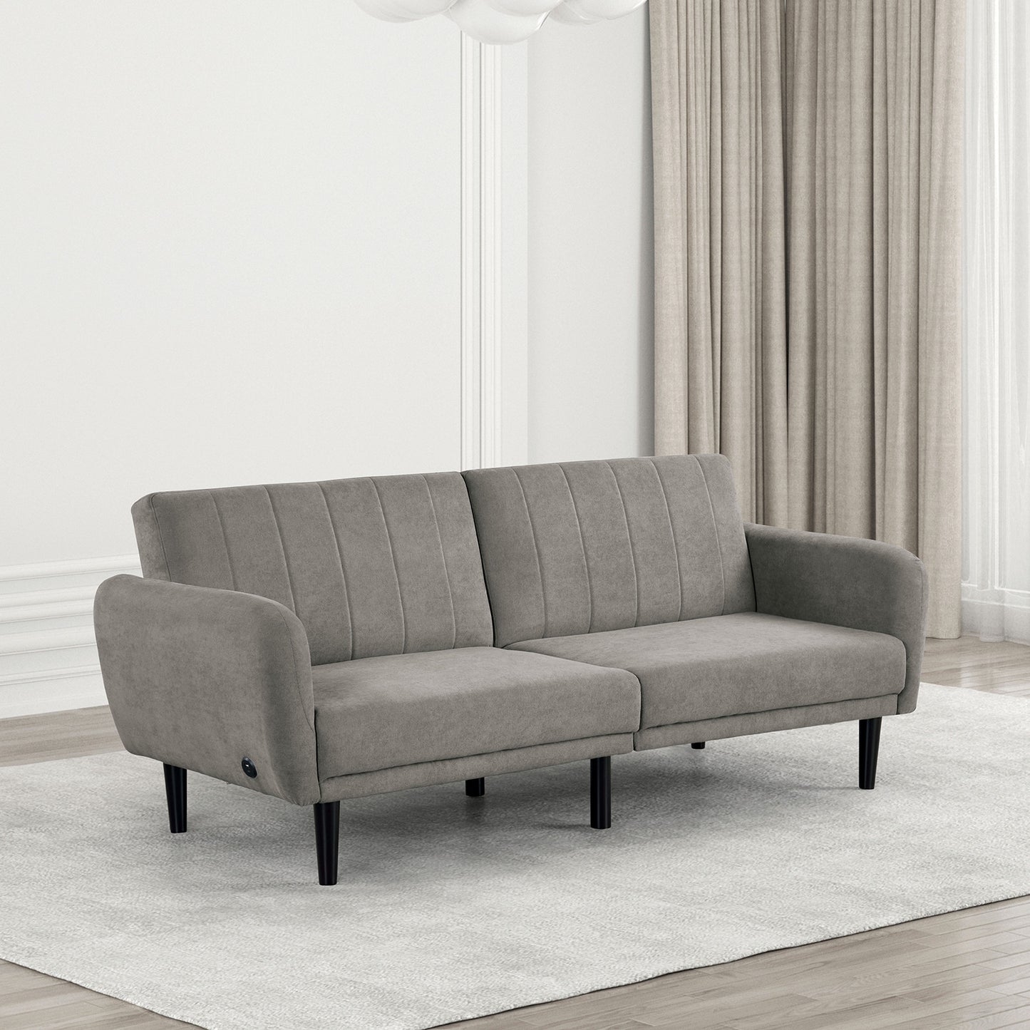 Futon Sofa Gray Color Converts into Bed Tufted Fabric Iron Leg Back Support 1pc Sofa Pocket Coil