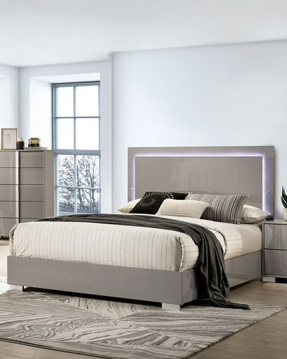 Contemporary Light Taupe 1pc Eastern King Size Bed w LED Headboard UV Finish Bedframe Bedroom Furniture