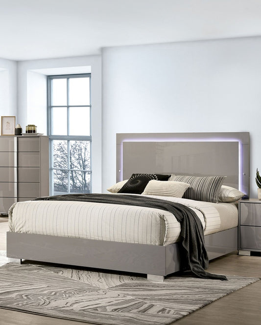 Contemporary Light Taupe 1pc Eastern King Size Bed w LED Headboard UV Finish Bedframe Bedroom Furniture
