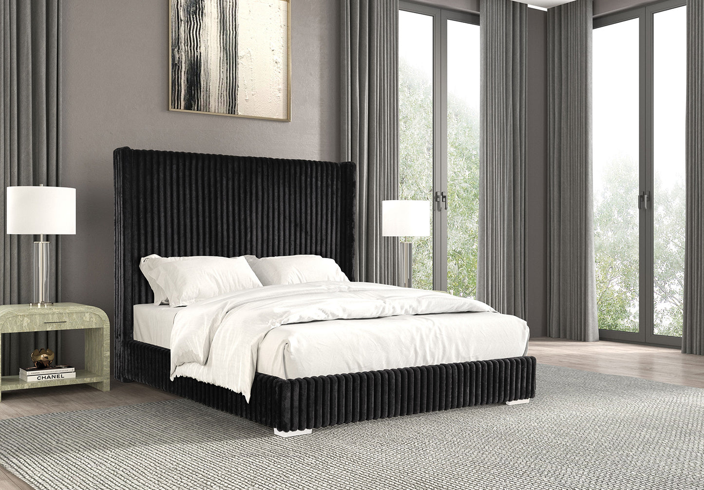 Bedroom Furniture Black Color Contemporary 1pc Queen Size Bed Fur Chenille Fabric Mattress Ready