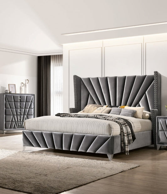 Bedroom Wingback Headboard 1pc Queen Size Bed Furniture Gray Fabric Upholstered Unique Beautiful Bed