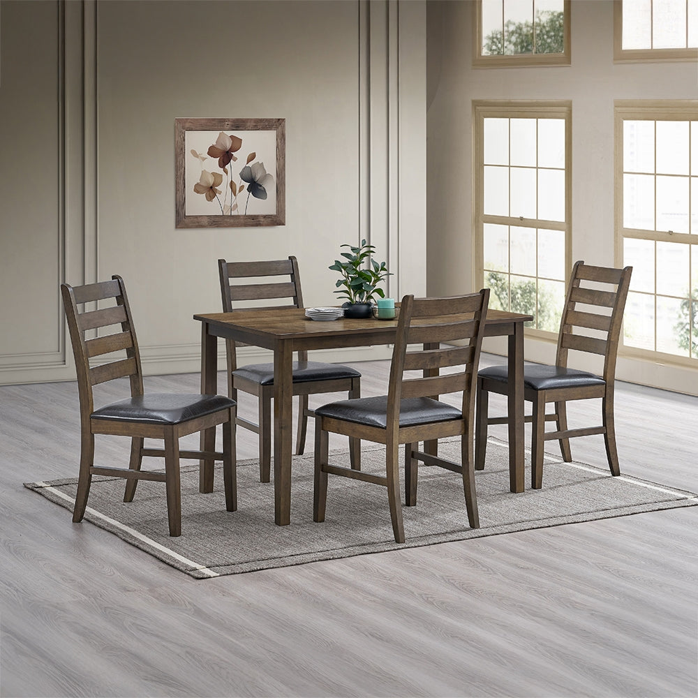 Walnut Finish 5pc Dining Set Table and 4 Side Chairs Brown Synthetic Leather Upholstery Solid Rubber Wood Kitchen Furniture