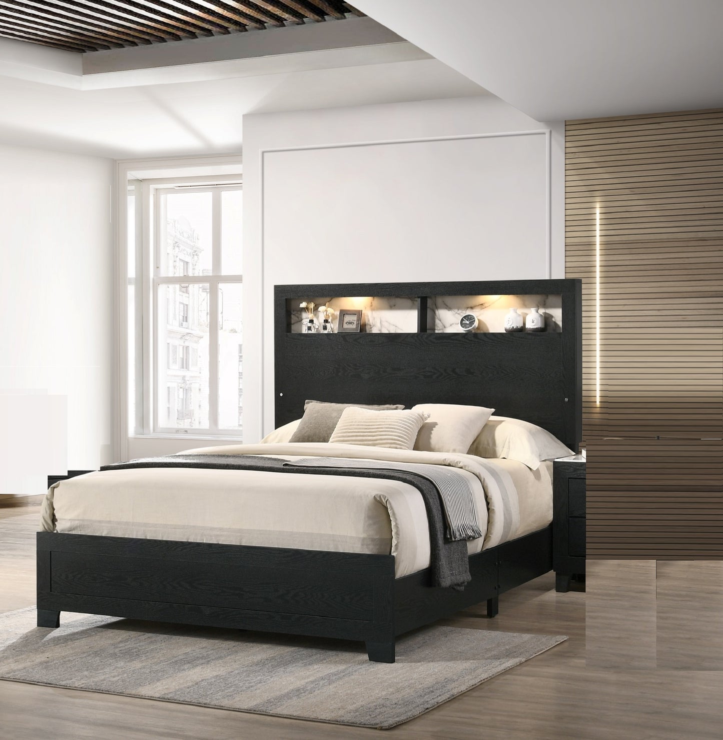 Queen Size Panel Bed Headboard Black Wood Frame