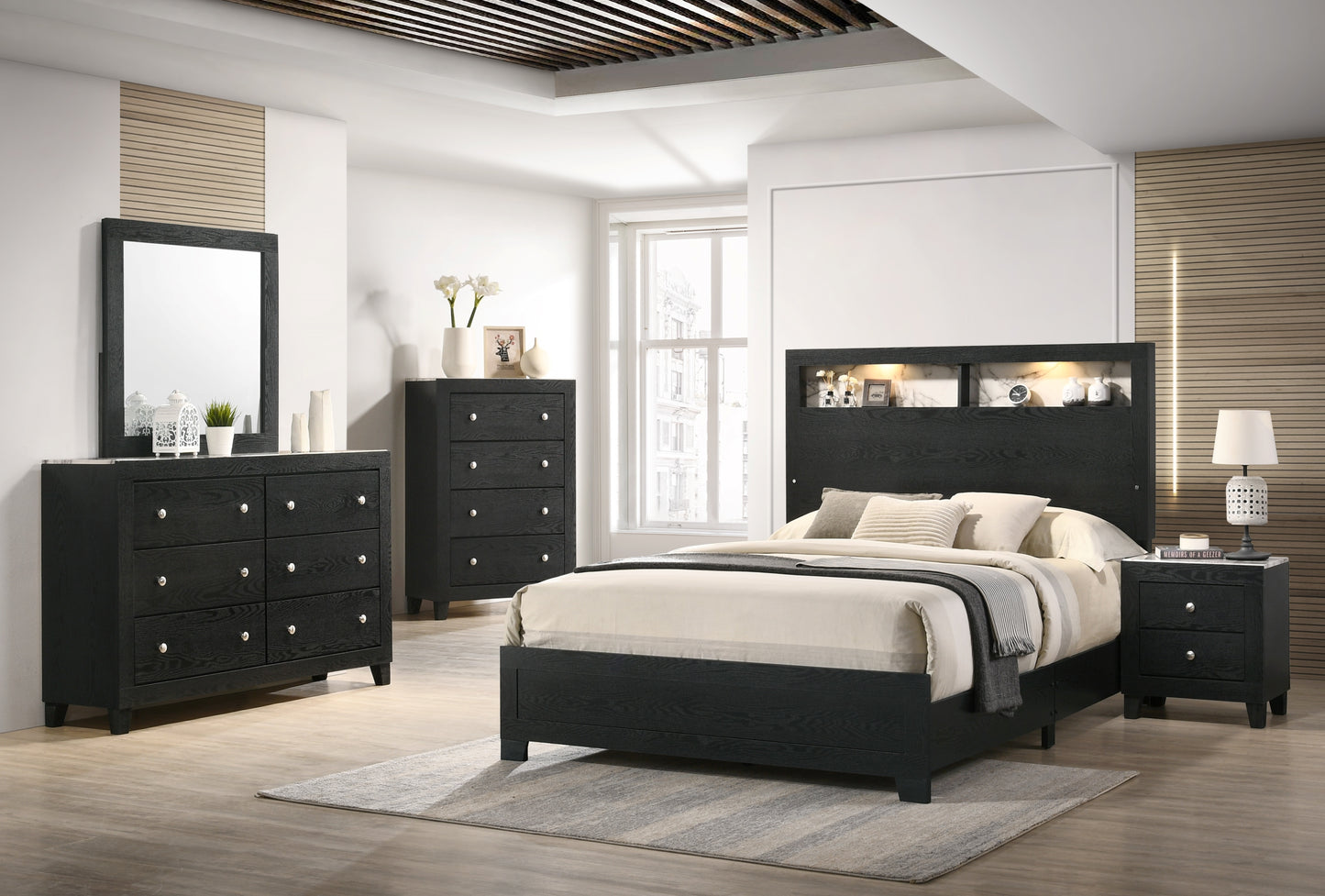 Queen Size Panel Bed Headboard Black Wood Frame