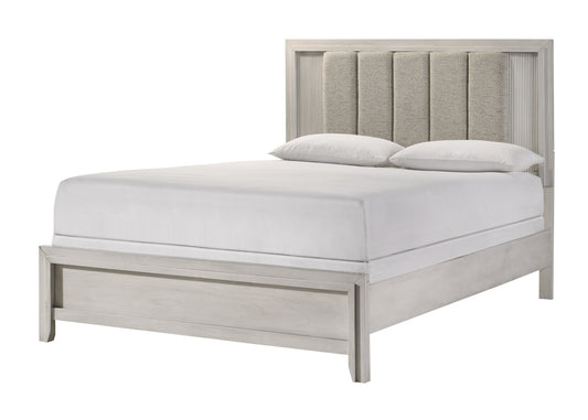 1pc Queen Size Bed Mist White Finish Sleek Linear Details Plush Upholstered Headboard Framed Wooden Bedroom Furniture