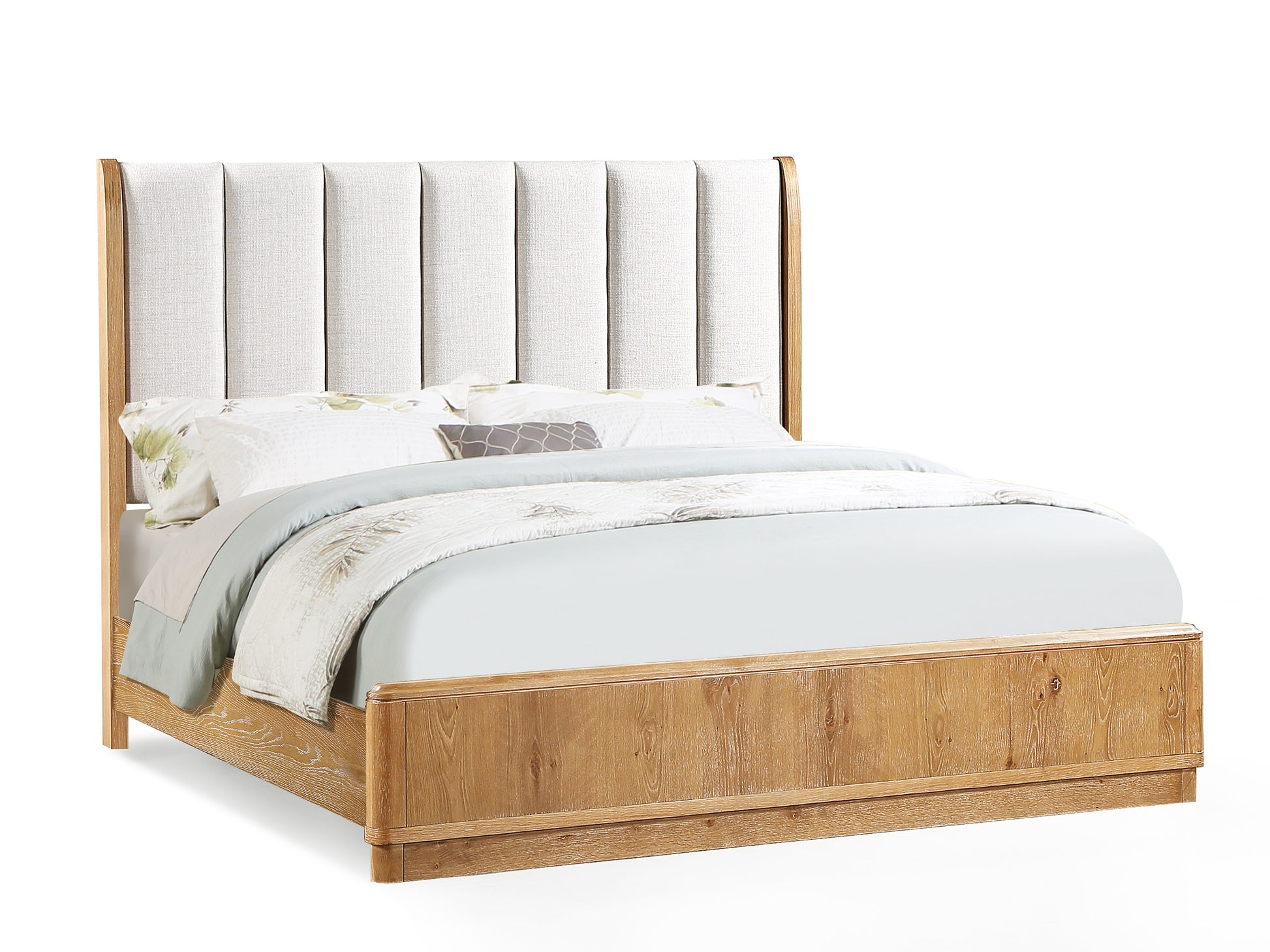 1pc Queen Bed Beautifully Off-White Upholstered Headboard Fram Rich Natural Wood Finish Brown Wooden Bedroom Furniture