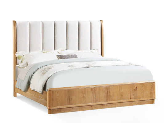 1pc Queen Bed Beautifully Off-White Upholstered Headboard Fram Rich Natural Wood Finish Brown Wooden Bedroom Furniture
