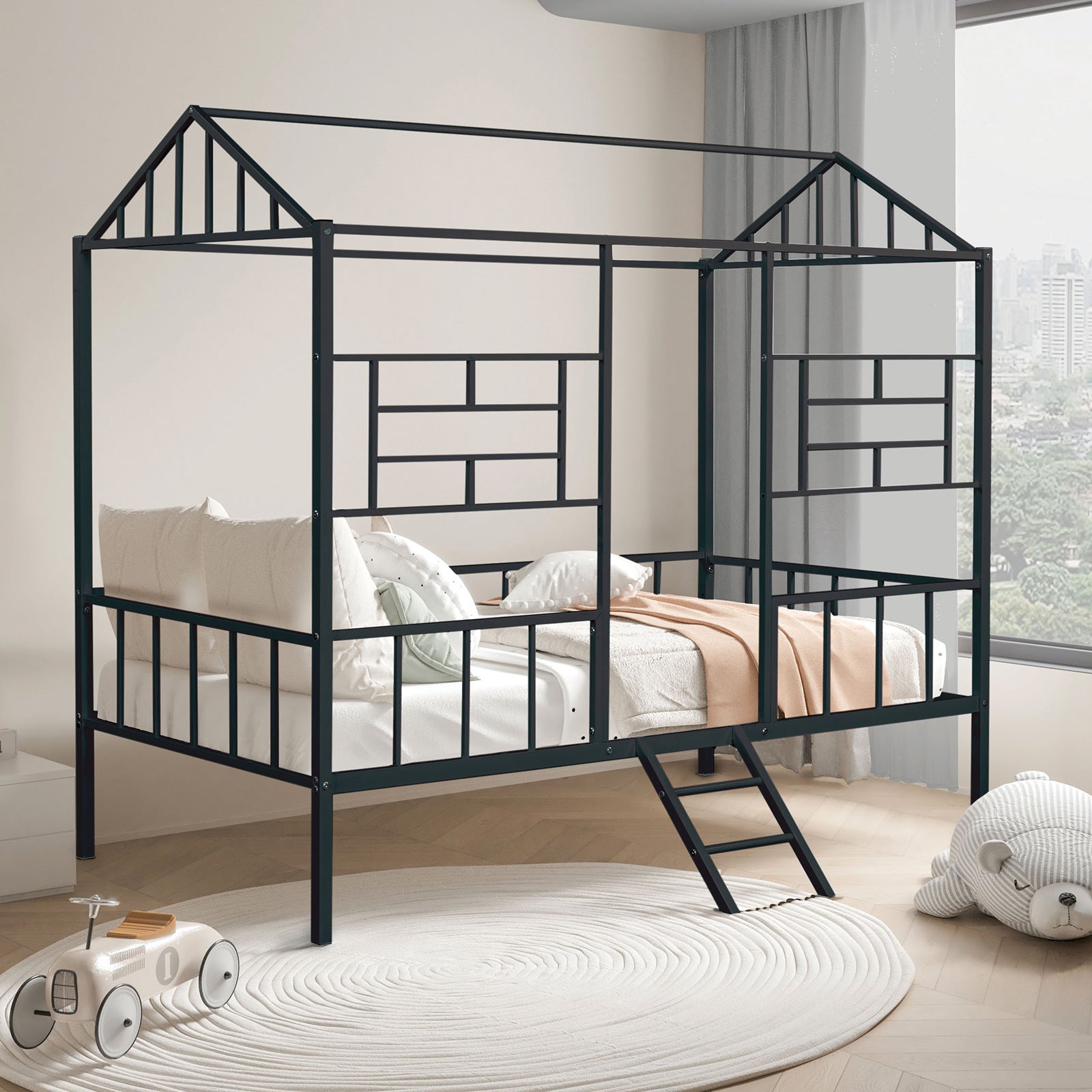 Black Finish Twin Bunk Bed Contemporary Style House Design With Full Metal Construction And Angled Ladder